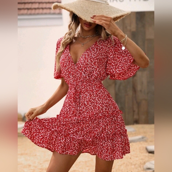 New Boho Flowy Mini Floral Tiered Dress Red White - Picture 5 of 8